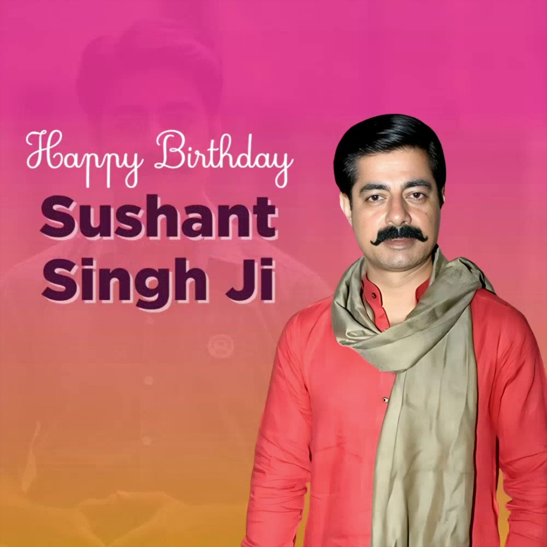 A birthday greeting image featuring an Indian man with a mustache wearing a red shirt and scarf, with pink and orange background.