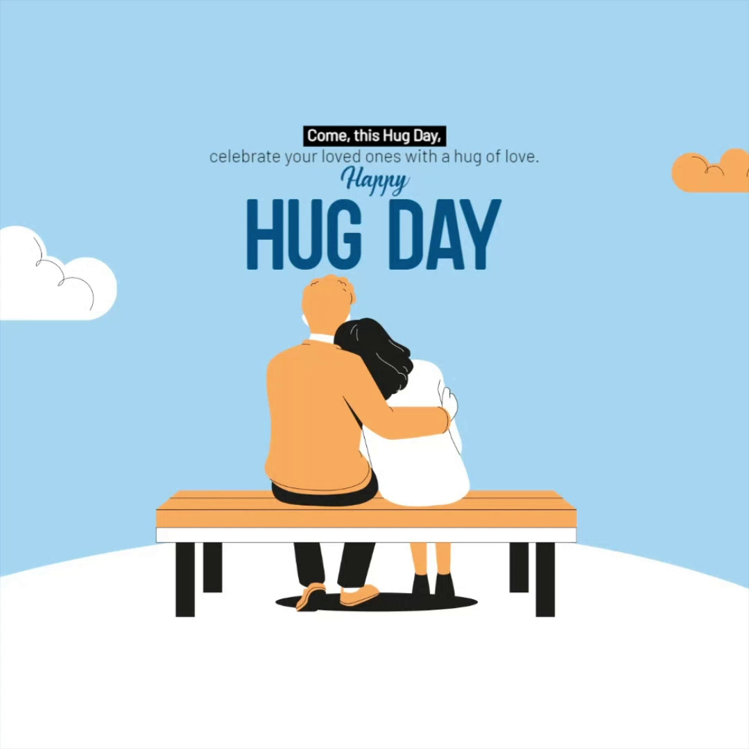 A cartoon couple hugging on a bench against a light blue sky with clouds to celebrate Hug Day.