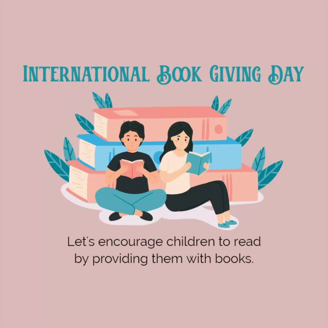 A cartoon illustration showing a boy and a girl sitting in front of a stack of large books, reading, to celebrate International Book Giving Day.