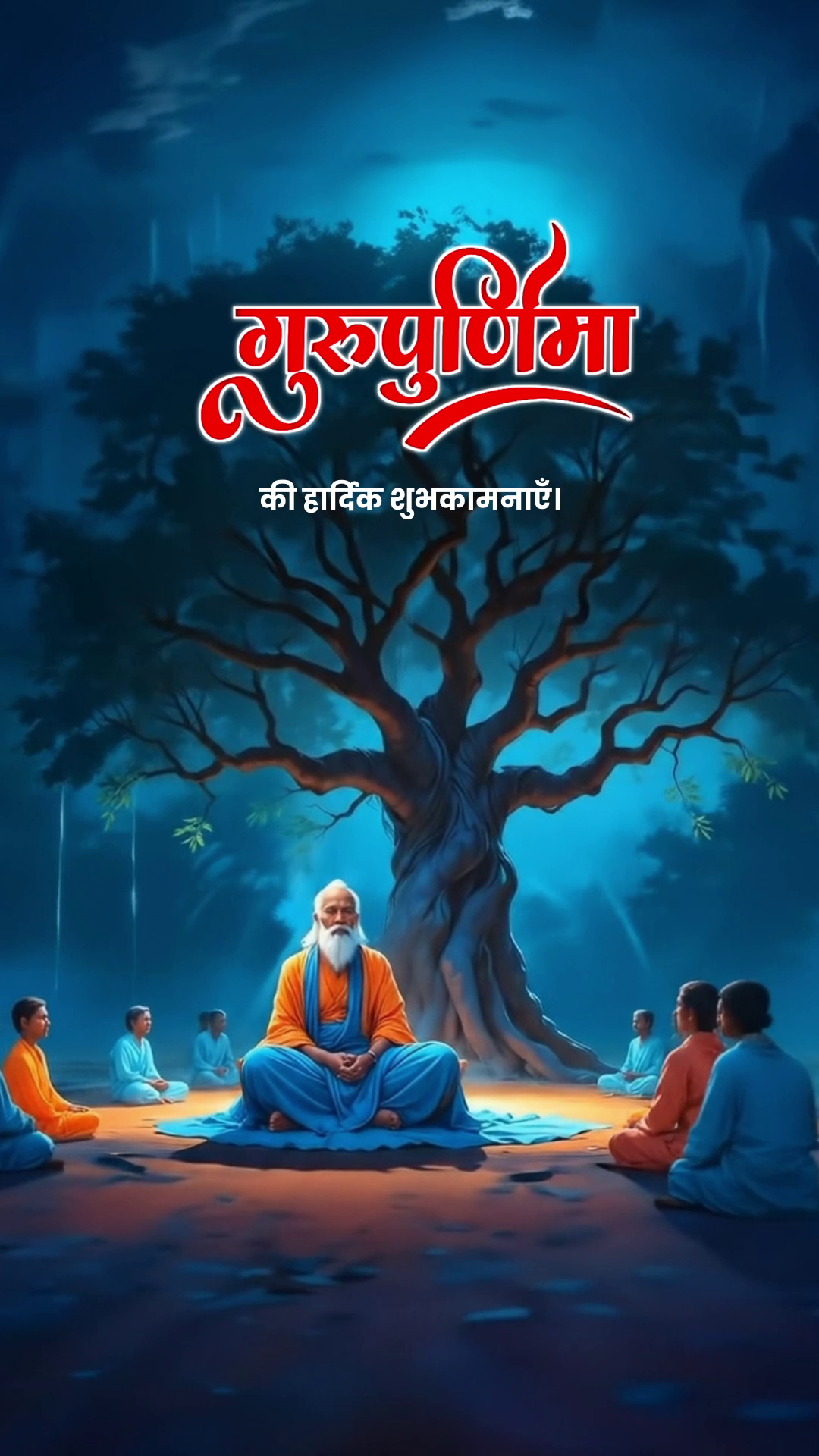 A spiritual scene depicting a guru teaching students under a large tree for Guru Purnima
