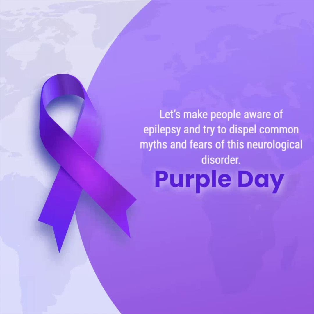 A purple awareness ribbon for Epilepsy on a light purple background with text about Purple Day awareness.