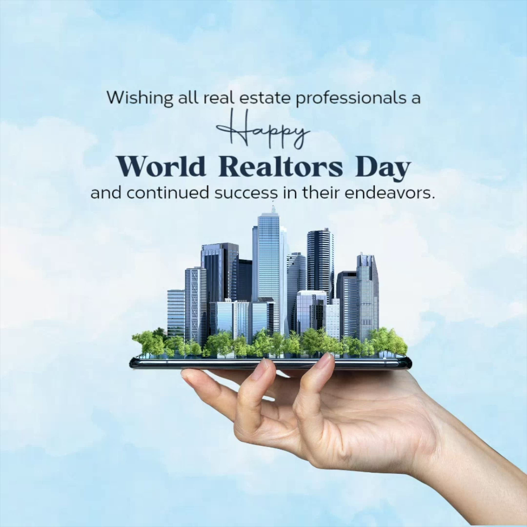 A hand holding a smartphone with a 3D cityscape of skyscrapers and trees, wishing a happy World Realtors Day.