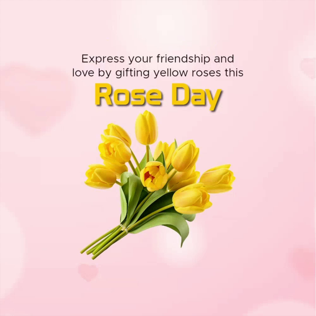A beautiful bouquet of yellow tulips with a Rose Day greeting on a soft pink background