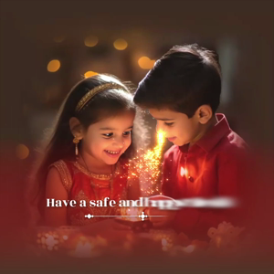 A young boy and girl smiling while holding a glowing diya during Diwali