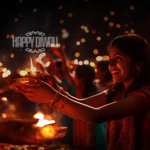 A smiling young Indian woman holding a lit diya during Diwali celebrations at night