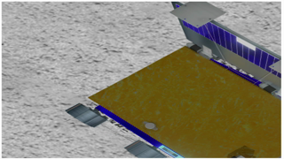 A high-angle view of a conceptual Mars rover vehicle on a textured grey lunar-like surface.