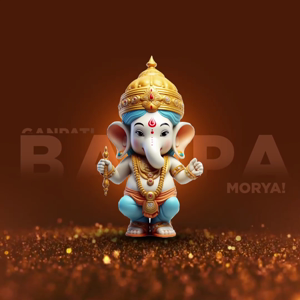 An illustration of Lord Ganesha on a dark brown background with glittering golden sparkles below.