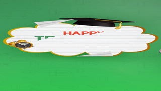 A graduation themed background with a mortarboard, lined speech bubble, and school icons on a green surface.