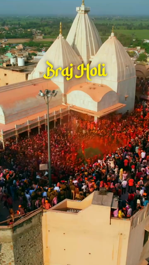 Aerial view of crowd celebrating Holi at a traditional Indian temple in Braj
