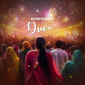 A crowd of people celebrating Diwali with fireworks in the background