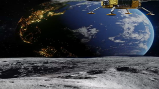 A robotic lunar lander hovering above the grey moon surface with a glowing Earth in the background