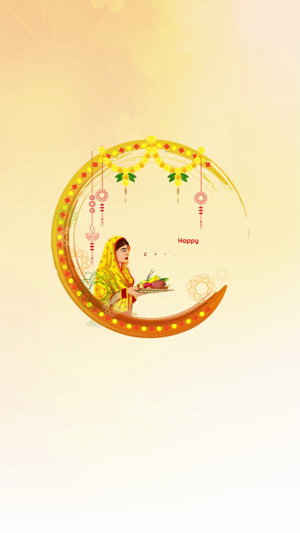 A woman celebrating Karwa Chauth holding a traditional puja thali in a festive moon-shaped frame.