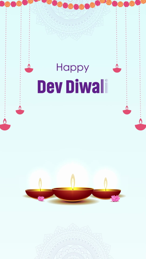 A celebratory Dev Diwali graphic with hanging diyas, a lotus flower, and the text Happy Dev Diwali on a light blue background.