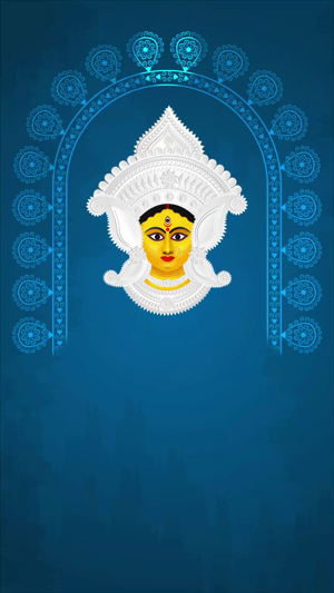 A beautifully stylized, minimalist illustration of the face of Goddess Durga with white ornaments against a deep blue background.