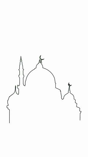 A clean line art drawing of a mosque silhouette featuring a central dome, minarets, and crescent moons against a plain white background.