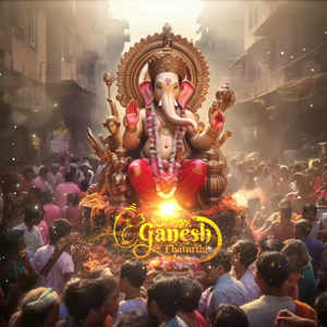 A beautifully adorned idol of Lord Ganesha being carried in a crowd during Ganesh Chaturthi festival