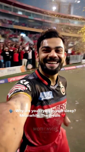 Virat Kohli smiling and taking a selfie on a cricket field during an RCB celebration