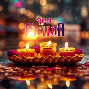 A beautiful plate of glowing Diwali diyas with Gujarati text Shubh Diwali