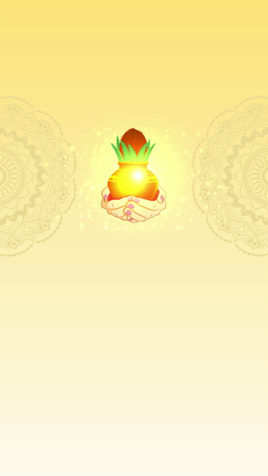 A pair of hands holding a golden Kalash with green leaves and a coconut against a yellow mandala background.