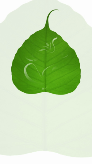 A vibrant green Bodhi leaf with an overlaid subtle Om symbol design against a translucent background