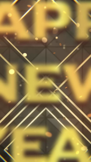 Blurred text saying Happy New Year with golden geometric lines and bokeh particles