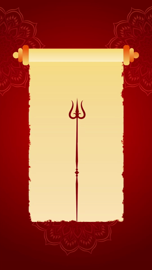 A traditional scroll featuring a Trishul symbol against a deep red mandala background