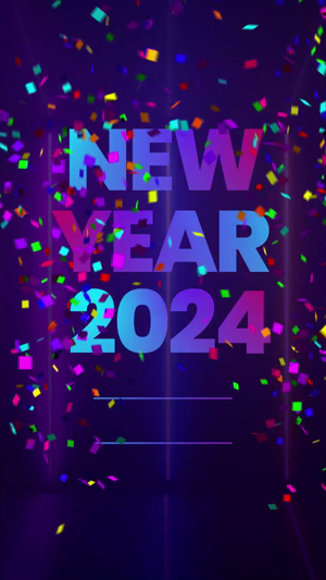 New Year 2024 text overlay with colorful falling confetti against a dark purple gradient background