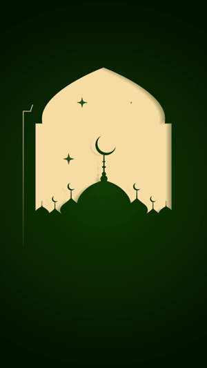A minimalist graphic design of a mosque silhouette with a crescent moon and stars against a dark green gradient background, symbolizing Ramadan.