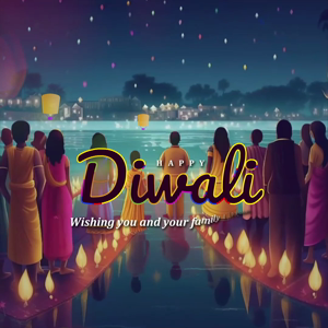 A group of people standing by a river under a night sky with floating lanterns, celebrating Diwali.