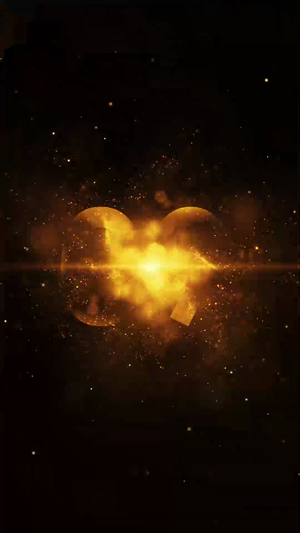 A glowing golden infinity symbol set against a dark, starry cosmic background
