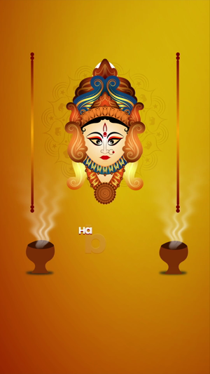 A beautiful illustration of Goddess Durga on a golden yellow background with burning dhunuchi incense pots.