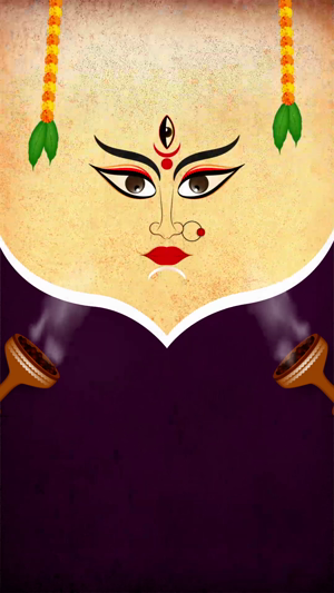 Stylized graphic of Goddess Durga with traditional marigold garlands and incense burners