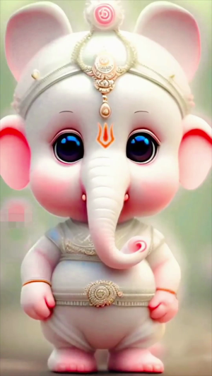 An adorable 3D render of baby Ganesha with big blue eyes and white skin, adorned with golden jewelry.