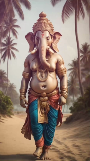 Lord Ganesha walking on a sandy beach surrounded by palm trees