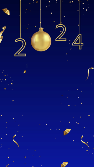 A festive 2024 New Year greeting card featuring gold hanging ornaments and numbers on a dark blue background with gold confetti.