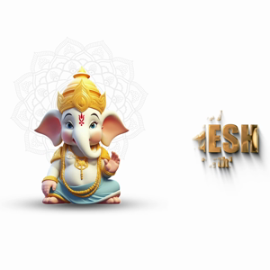 An illustration of baby Lord Ganesha with a golden crown and ornaments next to the golden text ESH