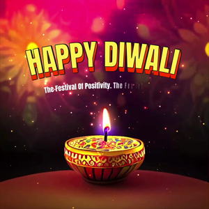 A beautifully lit Diwali diya lamp against a vibrant magenta and gold background with the text Happy Diwali.