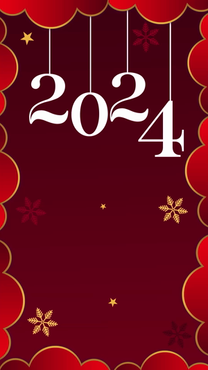 Decorative 2024 New Year greeting card with hanging numbers and snowflakes