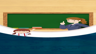 A cartoon illustration of a female teacher in front of a green chalkboard with a student raising their hand