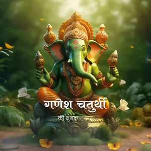 A beautifully ornate green Lord Ganesha idol with golden accents surrounded by flowers for Ganesh Chaturthi